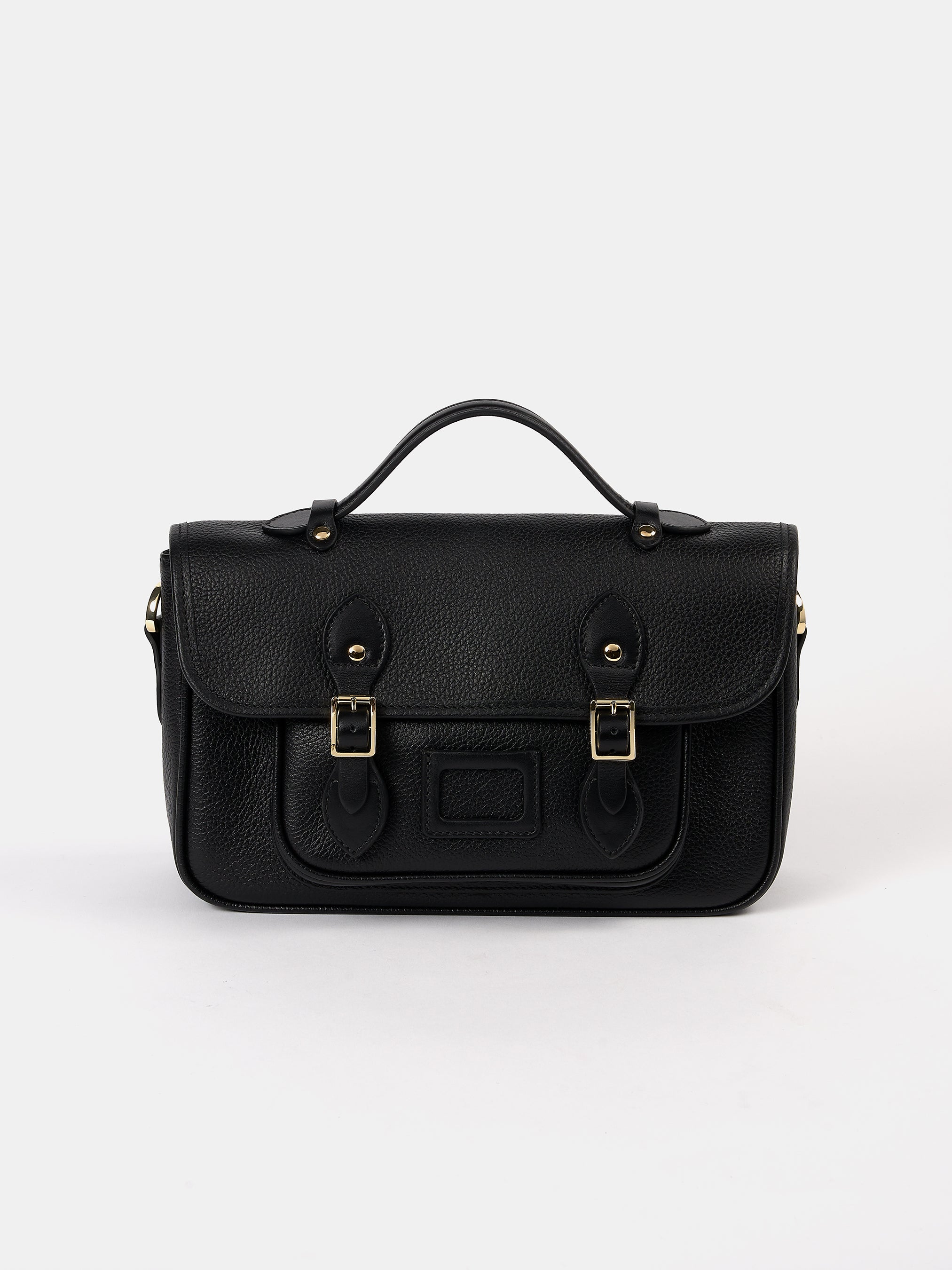 Black leather satchel bag on a white background