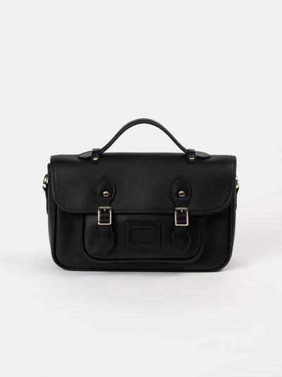 Black leather satchel bag on a white background