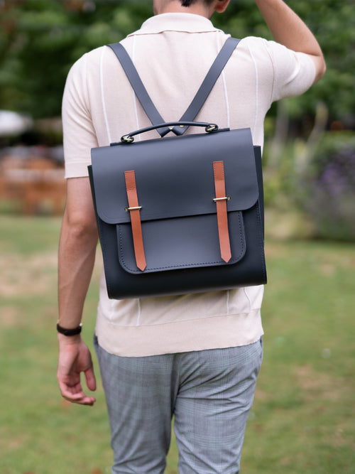 Mens- The Messenger Backpack - Navy & Tan Bridle